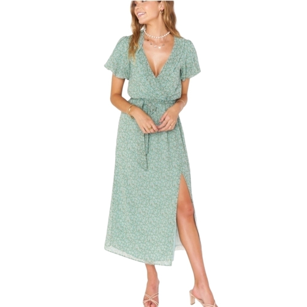 Show Me Your‎ Mumu Dress Large Green Floral Ditsy Verity Midi Side Slit  Boho
